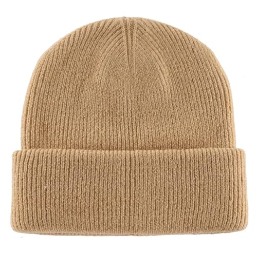 Thick Cuffed Knit Winter Beanie - Double Layer Warm Skull Cap - Khaki