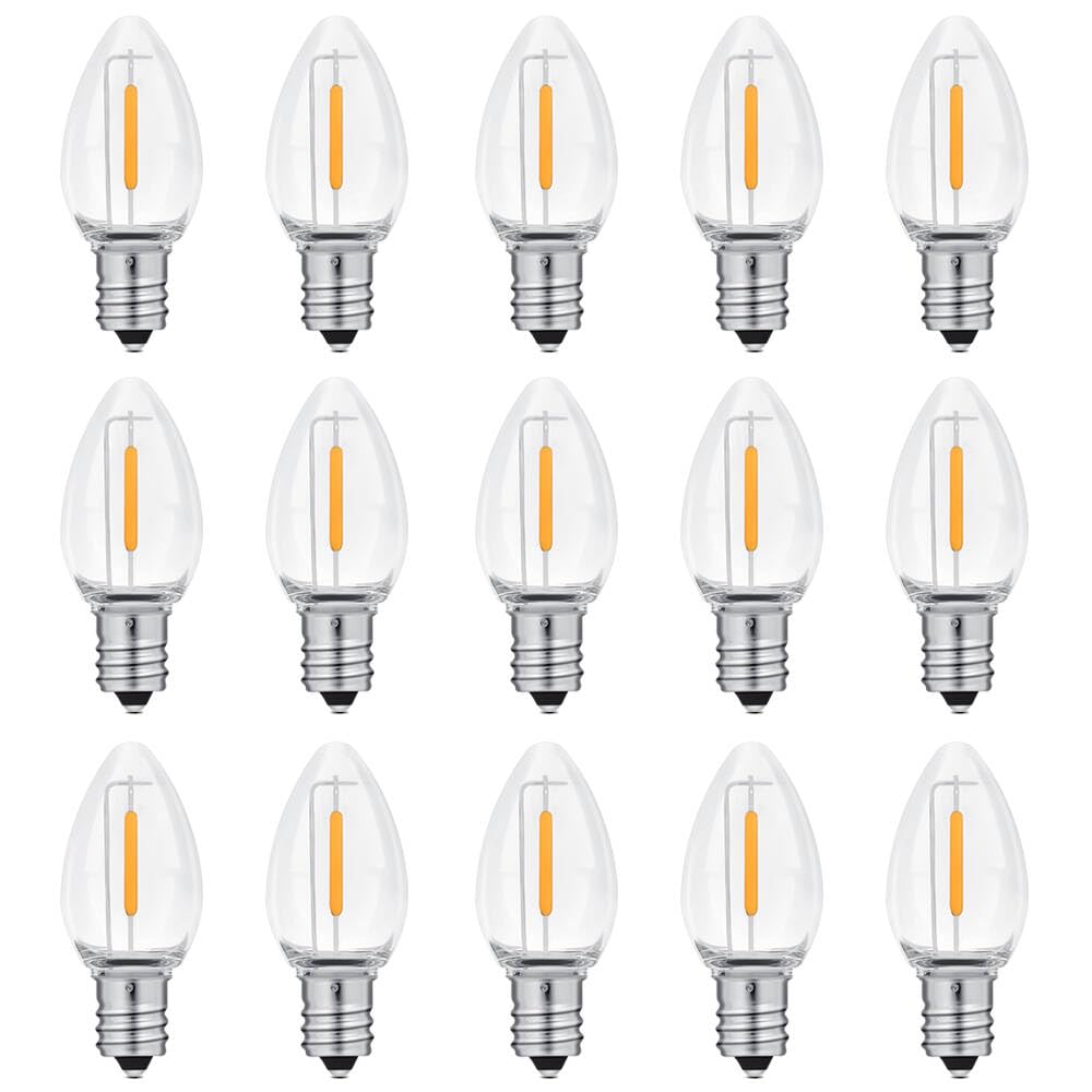 NETEHA 15 Pack C7 Clear Led Replacement Christmas Light Bulb, C7 E12 Base 120V Waterproof Led Bulbs for Christmas Outdoor String Lights, Halloween Decoration Bulb