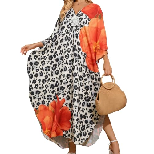 Woxscury Colorful Floral Kaftan Dress with Black Leopard & Orange Flower Print for Women Swim Cover Up