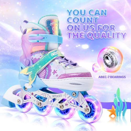 NEMONE Girls Adjustable Light-Up Inline Skates - Mermaid & Butterfly, Small - Ocean Mermaid