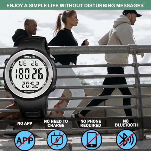 Pedometer Watch for Walking - No Charging, EL Backlight - Black