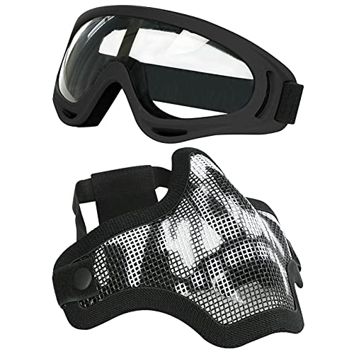 Airsoft Mask and Goggles Set - Steel Mesh Half Face Mask with Pattern - Black