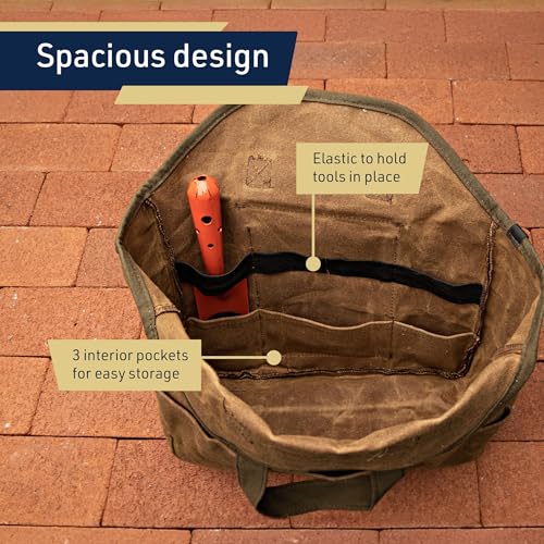 Garden Tool Bag - 12x14¡± Heavy Duty Waxed Canvas Tote Bag Caddy with 6 Interior and 3 Exterior Pockets for Organizing Gardening Tools - Gardening Gifts for Women and Men by Kings County Tools