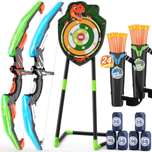 Kids LED Bow and Arrow Set with Dinosaur Target - 2 Pack
