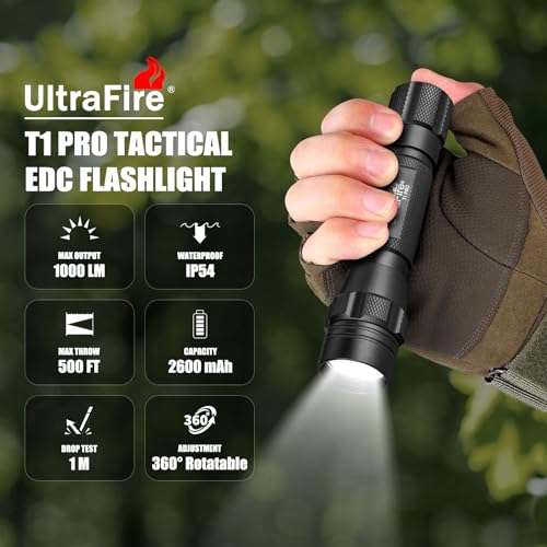 ULTRAFIRE 1000 High Lumen Tactical EDC Flashlight with Holster,Single Mode Police Flashlight with Belt Holder,Bright Law Enforcement Flashlight with Holster for Duty Belt T1 PRO
