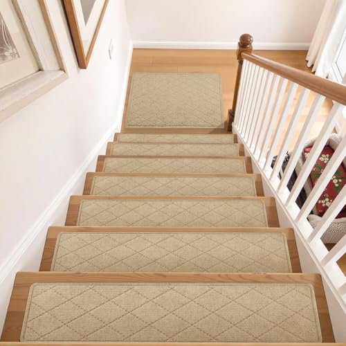 Stair Treads Non Slip Landing Rug for Wooden Steps Indoor, Peel and Stick Stair Treads Matching-Mat 20"X32" Landing Slip Resistant Stair Rugs for Kids and Dogs, Polyester Stair Landing Mat, Beige