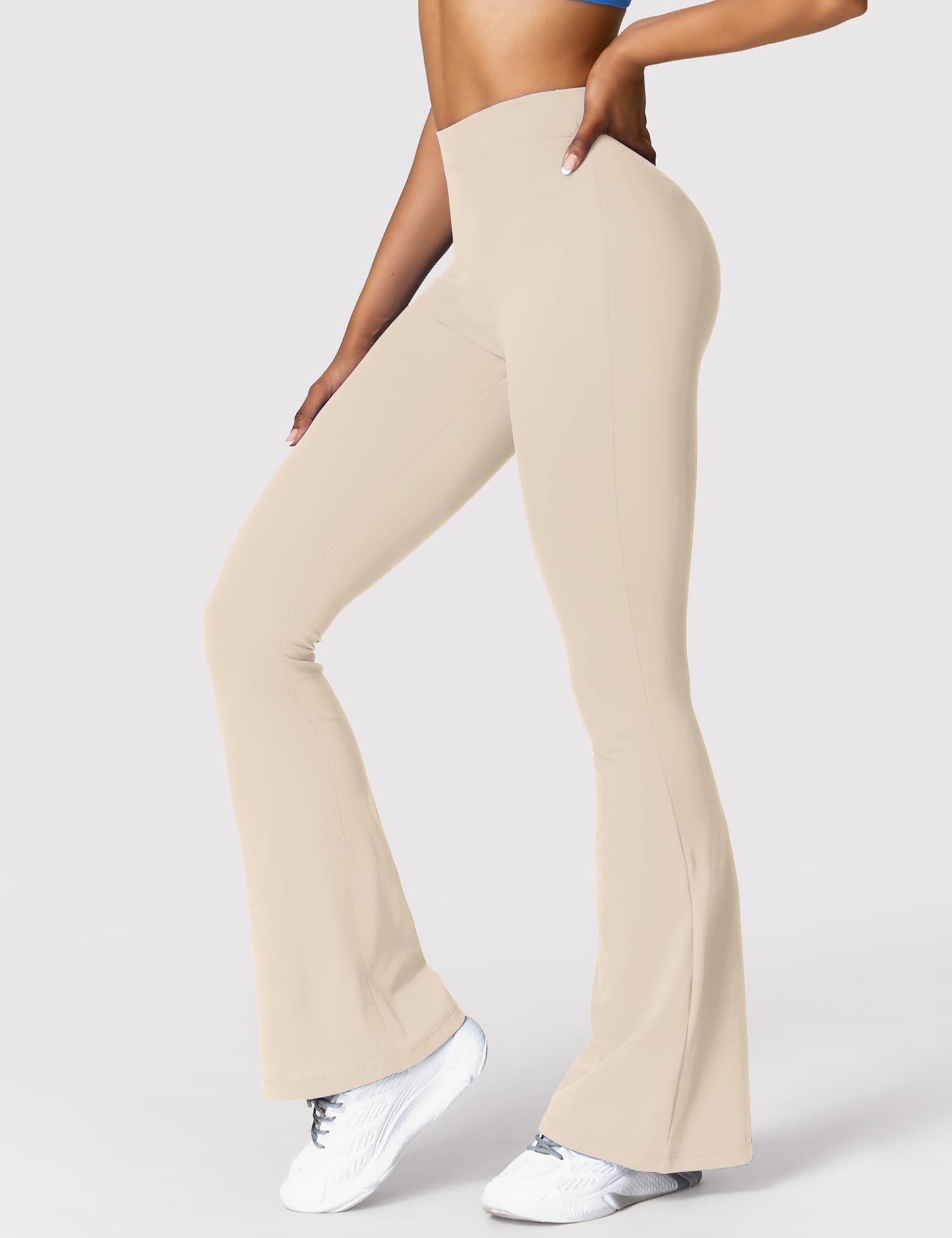 YEOREO Boost Flare Leggings V Back Scrunch Butt Lifting High Waist 31.5" Gym Workout Yoga Pants Light Khaki S