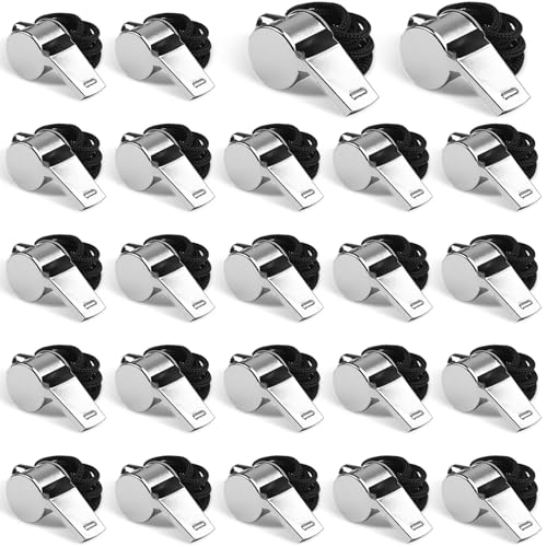 24-Pack Stainless Steel Safety Whistles with Lanyards - Loud, Clear Sound for Coaches & Outdoors