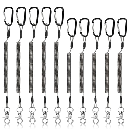 TSV Black Retractable Fishing Lanyards 10-Pack with Carabiners & Keychains for Kayak & Outdoor Use