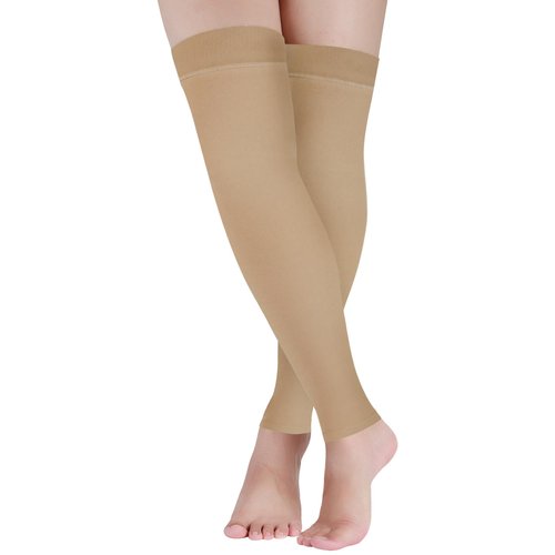 LIN PERFORMANCE 15-20 mmHg Medical Footless Compression Stockings for Women Men Thigh High Dot-Top Support Leg Sleeves for Daily & Travel Comfort (Nude,L)