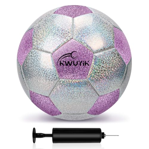 OKWUYiK Glitter Purple-Silver Soccer Ball Size 4 with Pump, ages 6-8