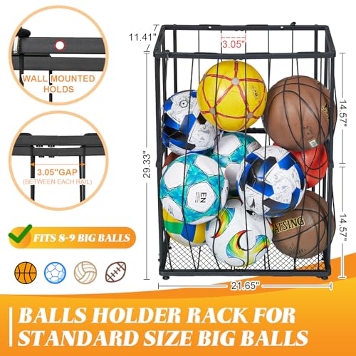 Wall-Mounted & Floor Sports Ball Storage Rack Organizer - Black