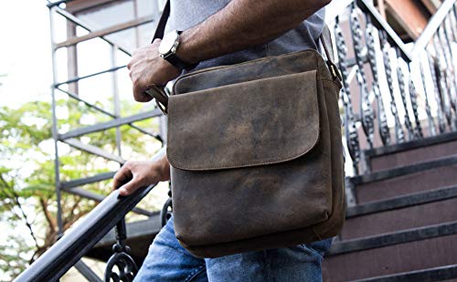 Distressed Tan Leather Crossbody Messenger Bag for Men & Women, 11 Inch Tablet Satchel