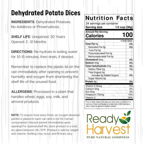 Ready Harvest Dehydrated Potatoes - Long Shelf Life Emergency Food, 30-Year Storage, Diced for Cooking & Camping