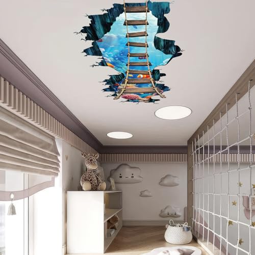 PLIGREAT 2 Sheets 3D Floor Stickers, Undersea Bridge Wall Decals Vinyl Sea World Ocean Bridge Wall Stickers Removable Peel and Stick Wall Decor for Bedroom Bathroom Living Room Nursery School