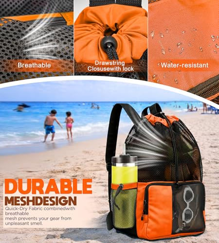 RUENVUE Orange Mesh Swim Bag Drawstring Backpack for Swimmers & Beach, Summer Essentials