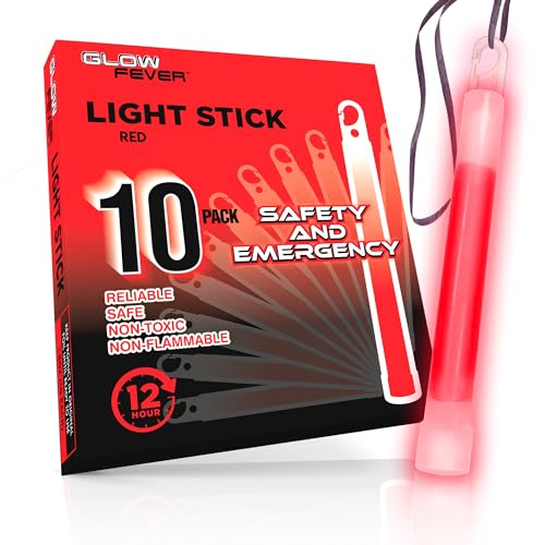 Glow Fever Emergency Military Grade Red Glow Sticks 10pcs, 6" Ultra Bright, 12-Hour Duration