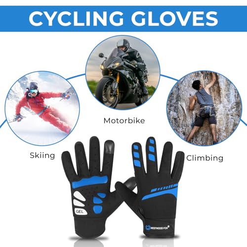 Full Finger Cycling Gloves - Anti-Slip Touchscreen Breathable - Blue / Large
