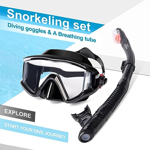 Adult Snorkel Set with 3 Window Mask & Dry Top Snorkel - Black