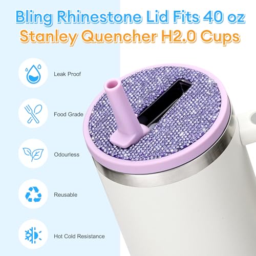 SAVORI 40oz Lilac-Purple Rhinestone Flip Straw Lid for Stanley Quencher H2.0 Tumbler Replacement Leak-Proof Non-Spill