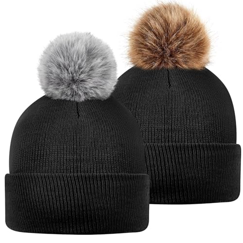 Pom Beanie Hat for Men & Women - Winter Knit Cap with Cuff - Black 02