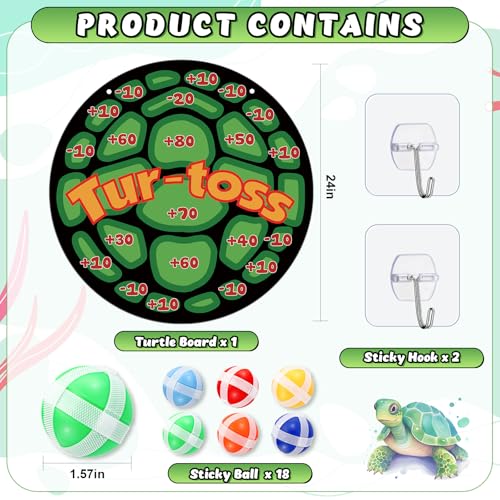 Poen Turtle Toss Party Game Set - Foldable Dart Board with 18 Sticky Balls