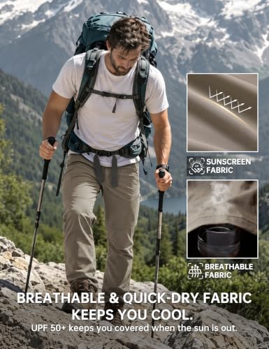 Men's Water-Resistant Hiking Pants - Lightweight Travel Pants, Khaki Grey, 34W x 30L, Belt Included