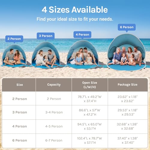 Pop Up Beach Tent Sun Shelter with UPF50+ UV Protection, Fits 3