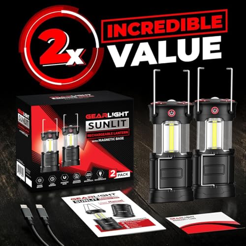 GearLight Rechargeable Camping Lantern - Black, 2 Pack, Magnetic & Foldable Hook
