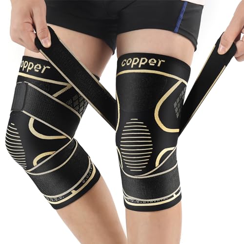 Adjustable Copper Knee Support Braces for Pain Relief (2 Pack)