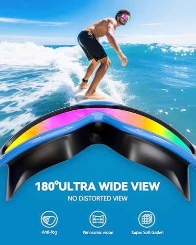 Adult Wide View Swim Goggles Anti-Fog UV No Leak with Ear Plugs Blue Bright Rose & Green Aqua