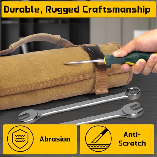 Wrench Roll 32 Pockets, Heavy-Duty 16 oz. Waxed Canvas Wrench Roll Up Bag Holds Wrench Wrap for Metric and SAE Wrenches, Wrench Pouch with Buckles and Handle, Sturdy Wrench Tool roll (Khaki)