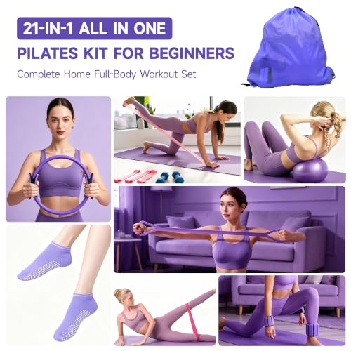 Pilates Equipment Kit for Home Workouts - 21 Pcs Set, Purple