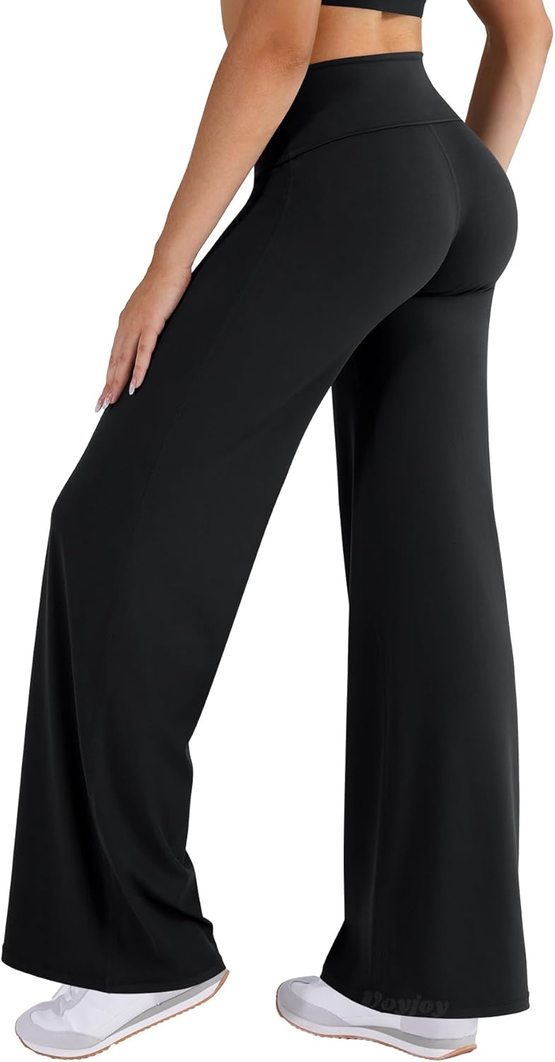 VOYJOY Women's Fold Over Straight Leggings - No Front Seam, 31.5" Mid-Low Waist Yoga Pants