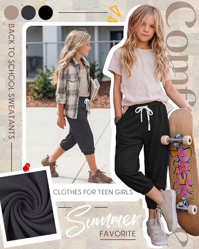 Girls Capri Joggers - 3 Pack Crop Pants, Black+Khaki+Dark Gray, 9-10 Years