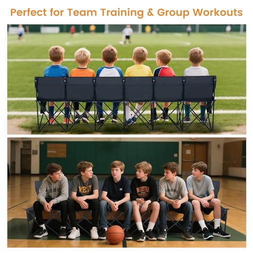 Folding Soccer Bench - 6 Seat Portable Team Bench with Backrest - Black