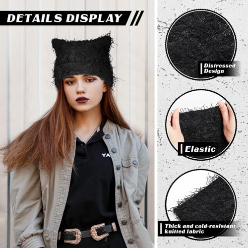 Distressed Knitted Cat Ear Beanie Hat - Black