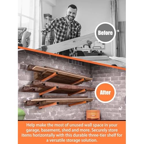 Caliee lumber Storage Rack Wall Mount, Heavy Duty Wood Storage Racks With 6-Level System Holds Up to 1400 lbs, Garage Shelf Wall Mount, Basement, Workshop, Rustproof & Space-Saving Design (4)