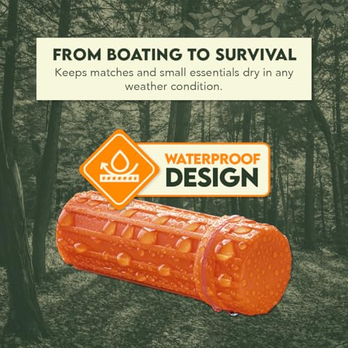 Waterproof Match Storage Box with Signaling Mirror & Firestarter Flint - Orange