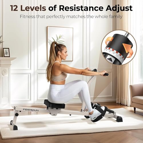Hydraulic Rowing Machine - Compact Adjustable Rower with 12 Resistance Levels - A-White