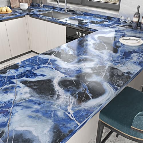 WESTICK Blue Glossy Marble Contact Paper for Countertops Self Adhesive Marble Counter Top Peel and Stick Waterproof Blue Granite Contact Paper for Kitchen Backsplash Table Desk Vinyl 15.8"x80"
