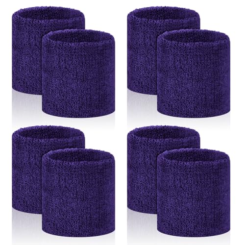 Absorbent Wrist Sweat Bands - 8 Pack for Men & Women - Purple