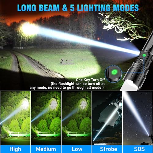 Hoxida Tactical Rechargeable Flashlight 2000 Lumen 5 Modes, 20h Runtime, Zoomable IPX5, USB C, 2pc