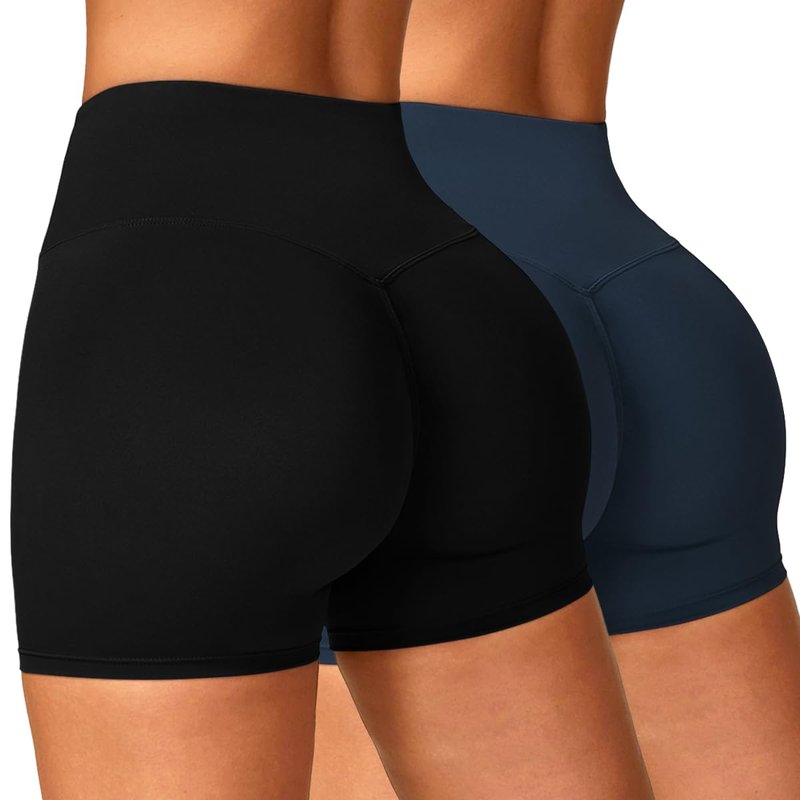 Xozeu Women's 2 Piece Workout Biker Shorts High Waist Tummy Control Scrunch Butt Lifting Gym Yoga Running Shorts Black/Navy Blue