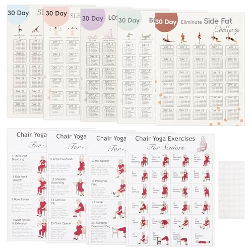 Chair Yoga Poster Set for Seniors – 4 Illustrated Guides & 30-Day Challenge - White
