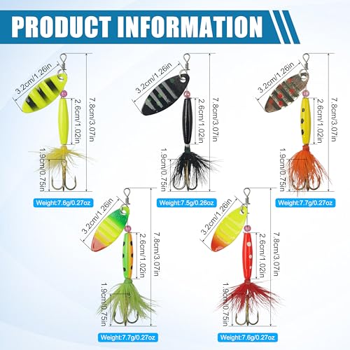 Spinner Bait Fishing Lures Set - 5pcs Rooster Tail 3in 0.27oz
