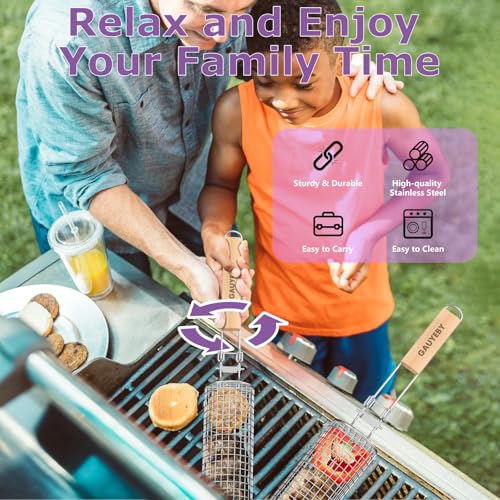 GAUYEBY 2PCS Rolling Grill Basket Set with Removable Handles, Octagon & Round Stainless Steel BBQ Nets for Meat, Shrimp, Vegetables