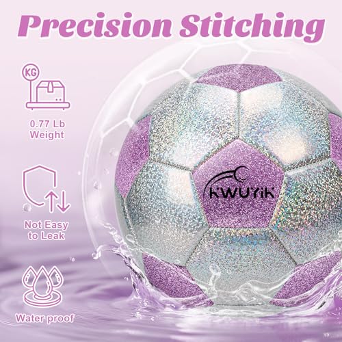 OKWUYiK Glitter Purple-Silver Soccer Ball Size 4 with Pump, ages 6-8