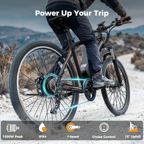 Electric Mountain Bike with 1000W Motor & Removable Battery - Dark