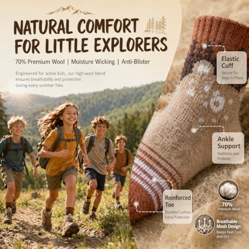 Kids Wool Socks 8-12 Years Boys Girls Merino Wool Hiking Athletic Socks Bear Design